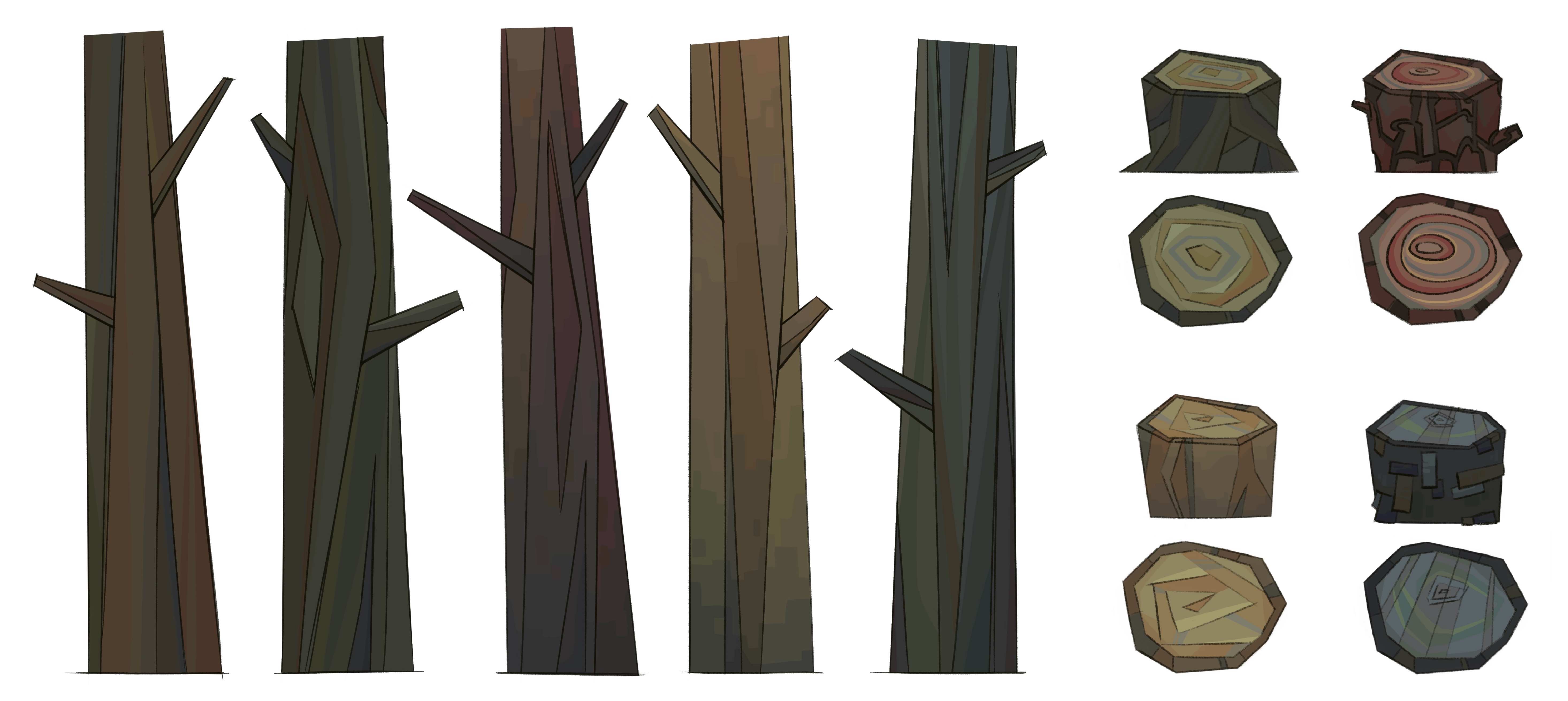 Illustrations of five different tree trunks and eight tree stumps from different angles.