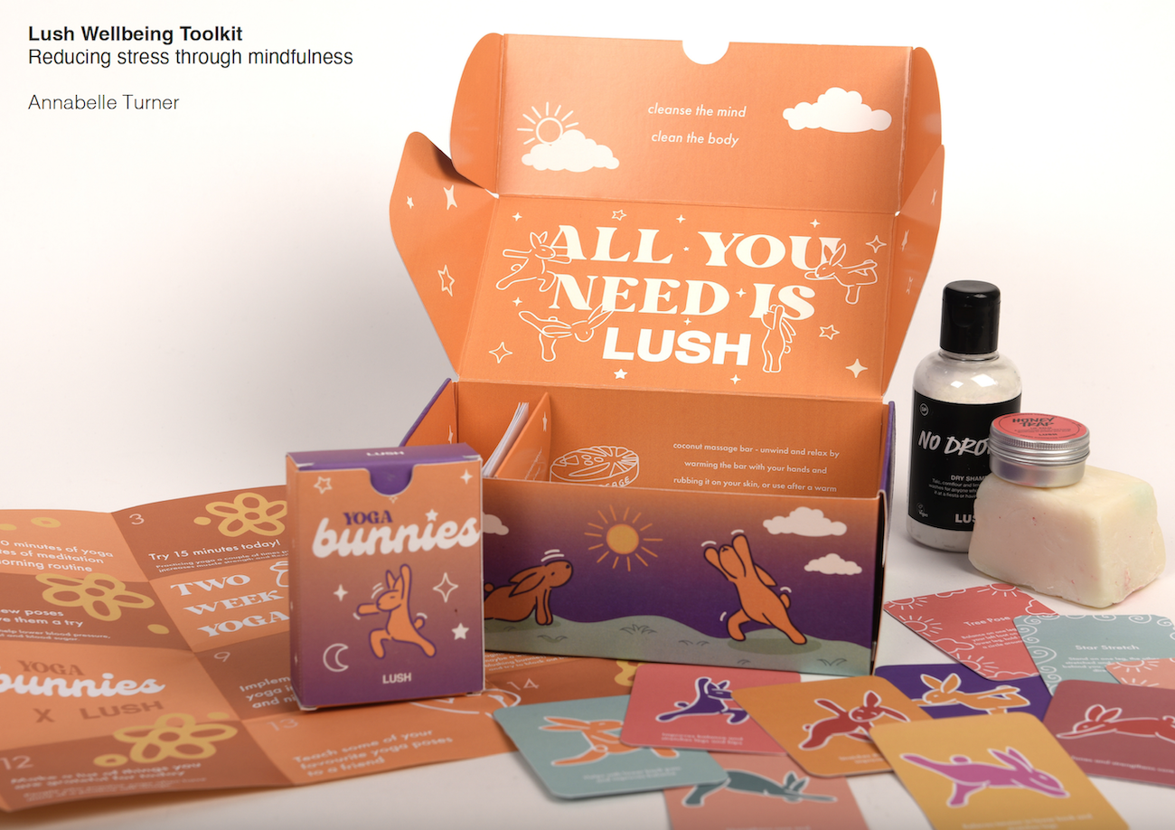 Packaging design for a Lush product called "All you need is Lush". Its contents are laid out in front of the open packaging box.