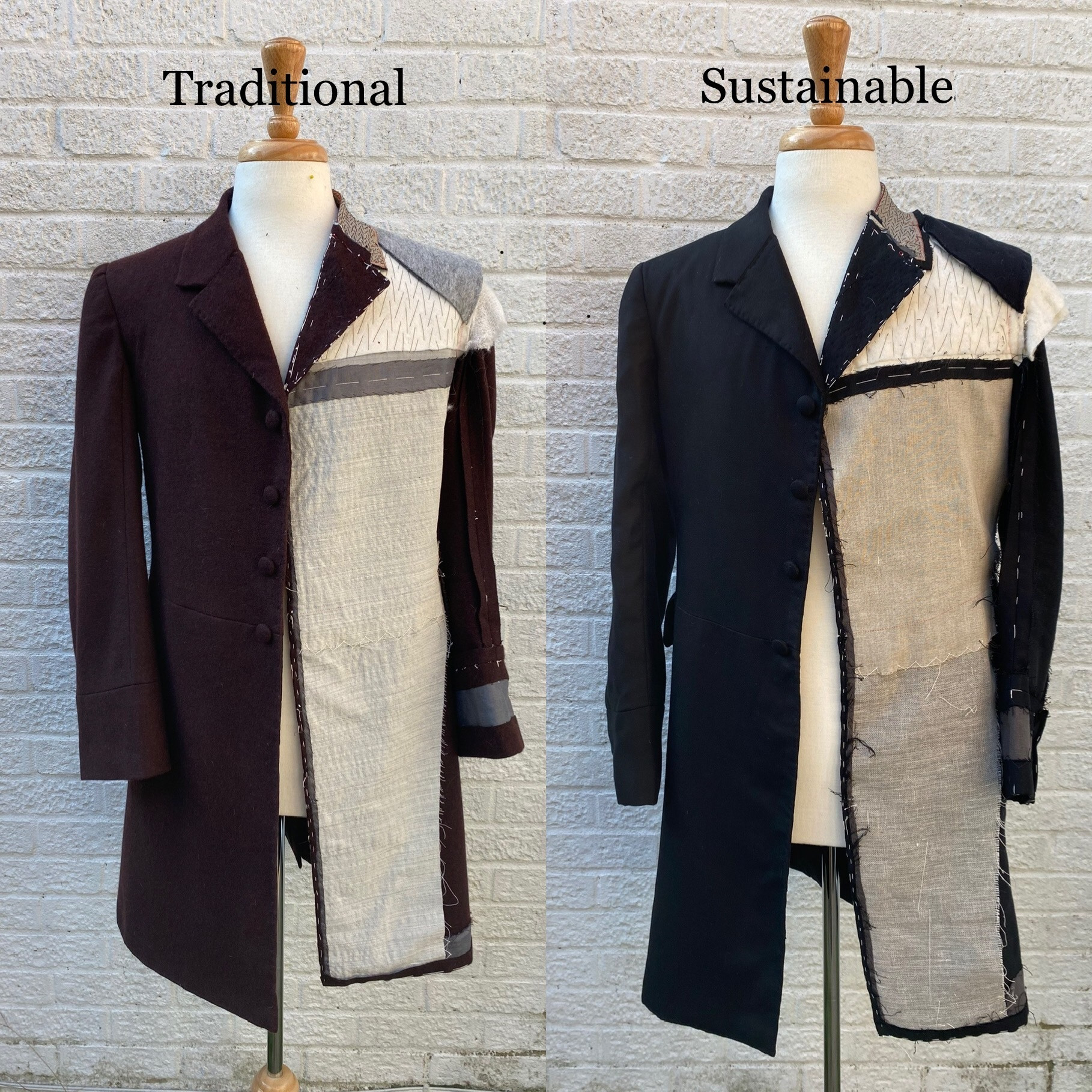 Two historical-style jackets with a panel missing from each hang on mannequins. One is headed with the text "Traditional", the other is headed with the text "Sustainable".
