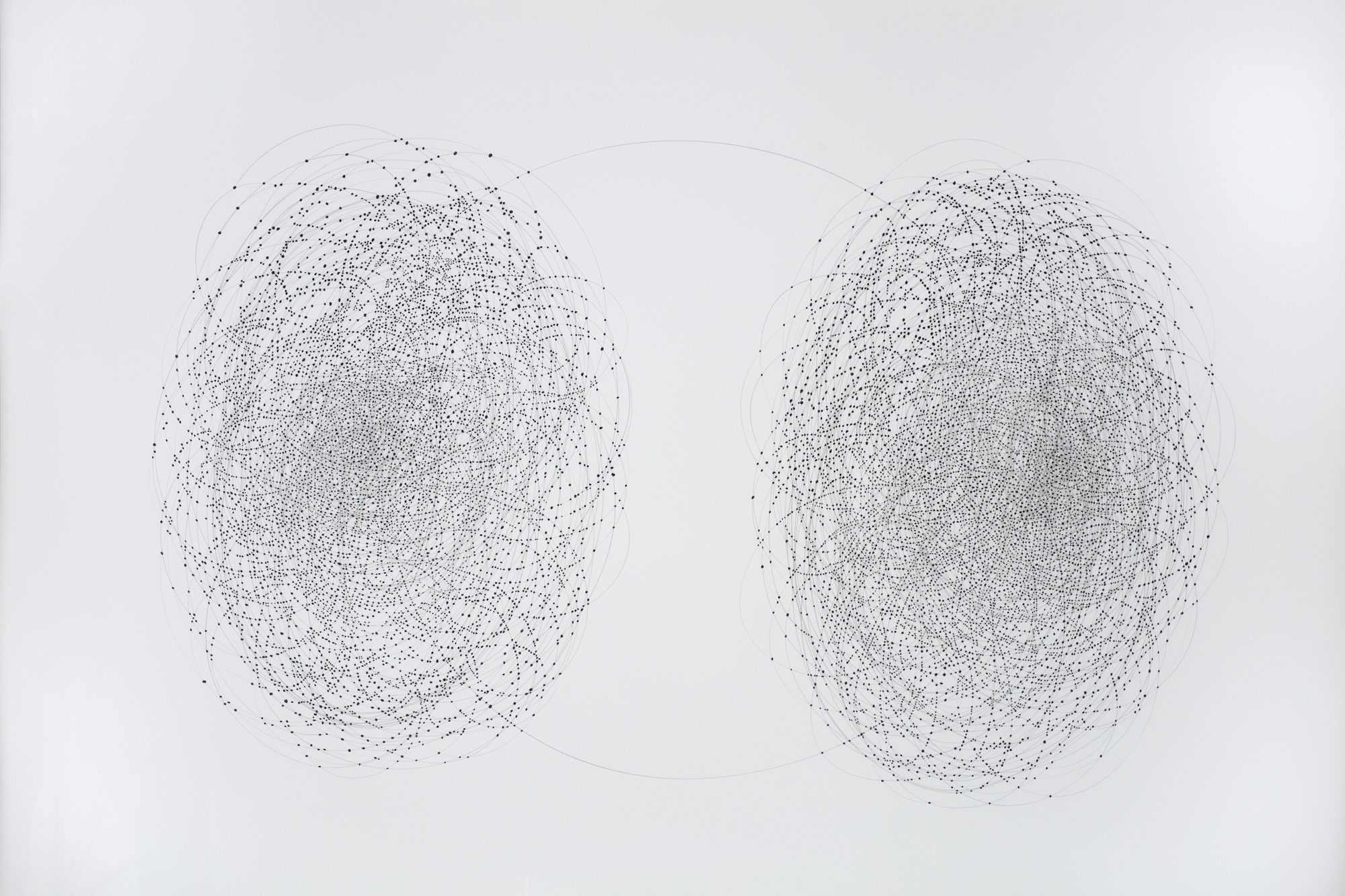 Two grey abstract circular line clusters on a white background, connected by a faint central curve.