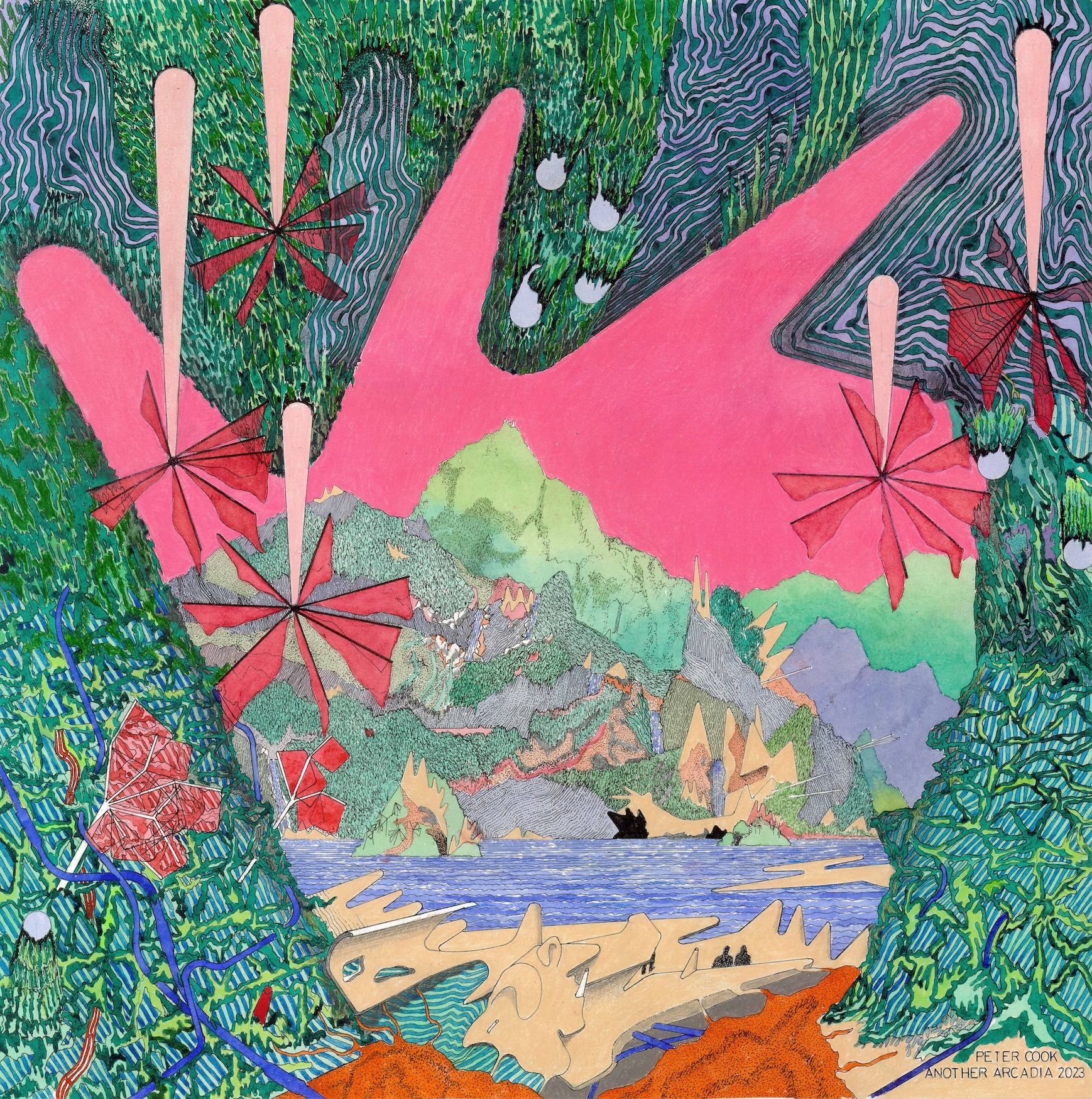 Mixed media collage with bright pink silhouettes, red star shapes on pale pink stems, green textured areas, and layered paper elements.