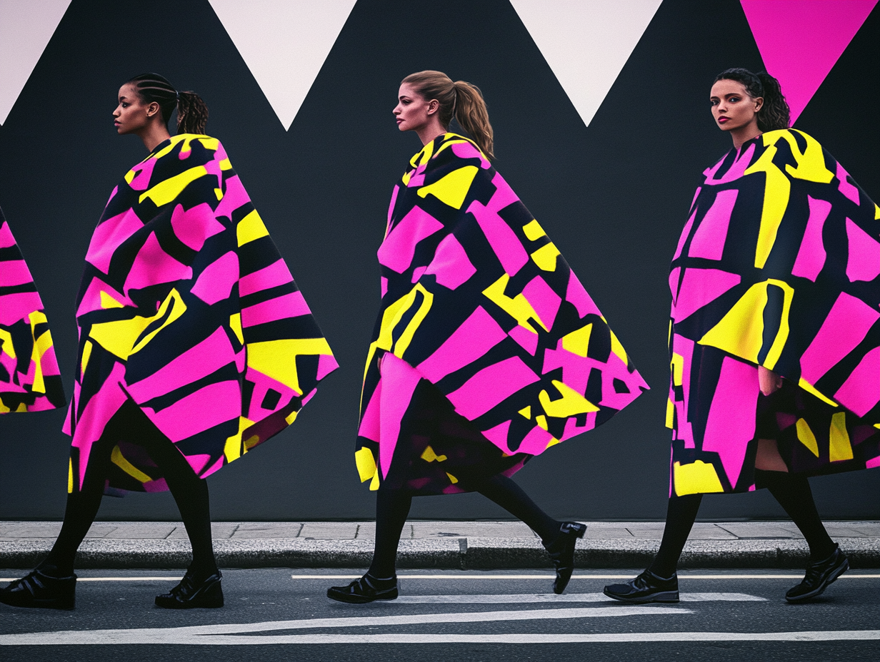 Three models all walking to the left wearing bright and colourful black, yellow and pink garments.