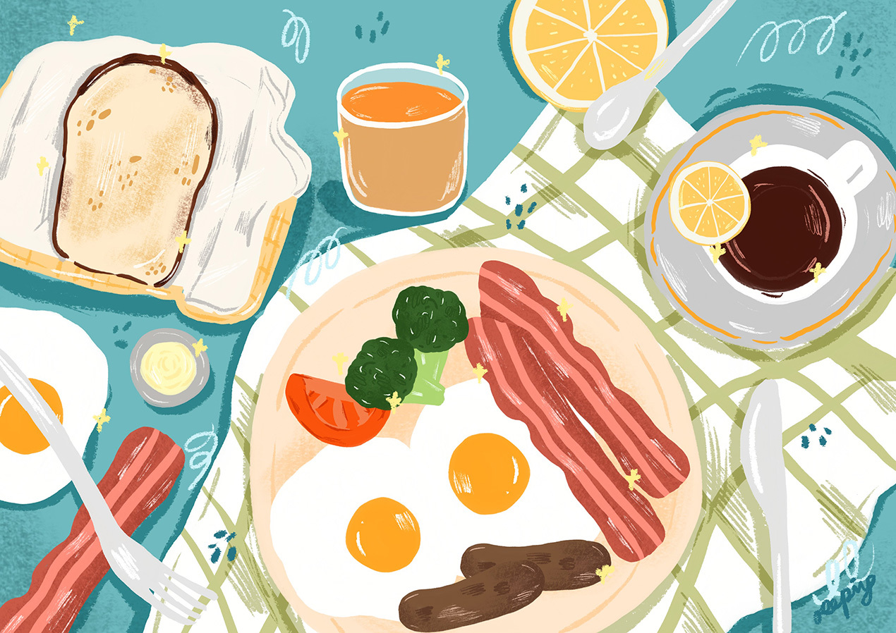 Illustrated breakfast scene with fried eggs, bacon, sausages, broccoli and tomatoes on cream plate. Orange juice, coffee, toast visible on turquoise background.