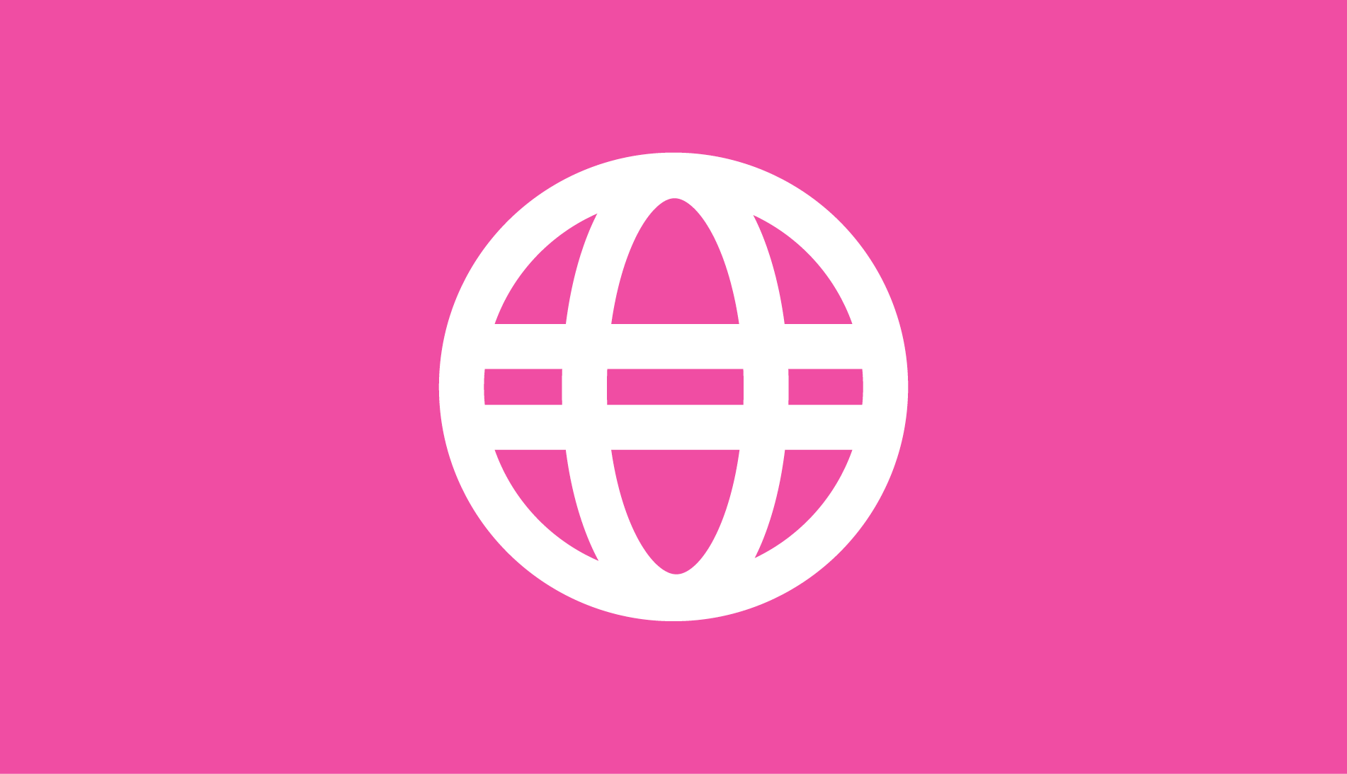 A white globe icon on a bright pink background.