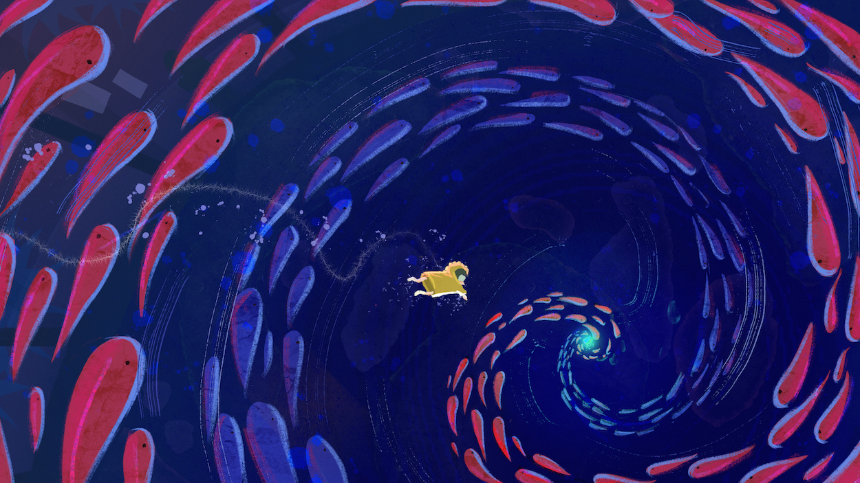 Spiral tunnel with deep blue centre, pink and purple organic shapes along curved walls, small yellow figure in middle ground.