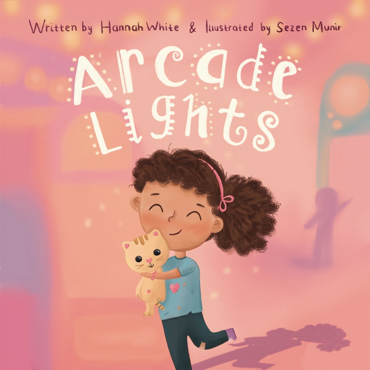 Children's book cover with pink and orange gradient background. White text reads "Arcade Lights". Young girl with dark curly hair holds orange cat, both smiling. Purple shadows at bottom.