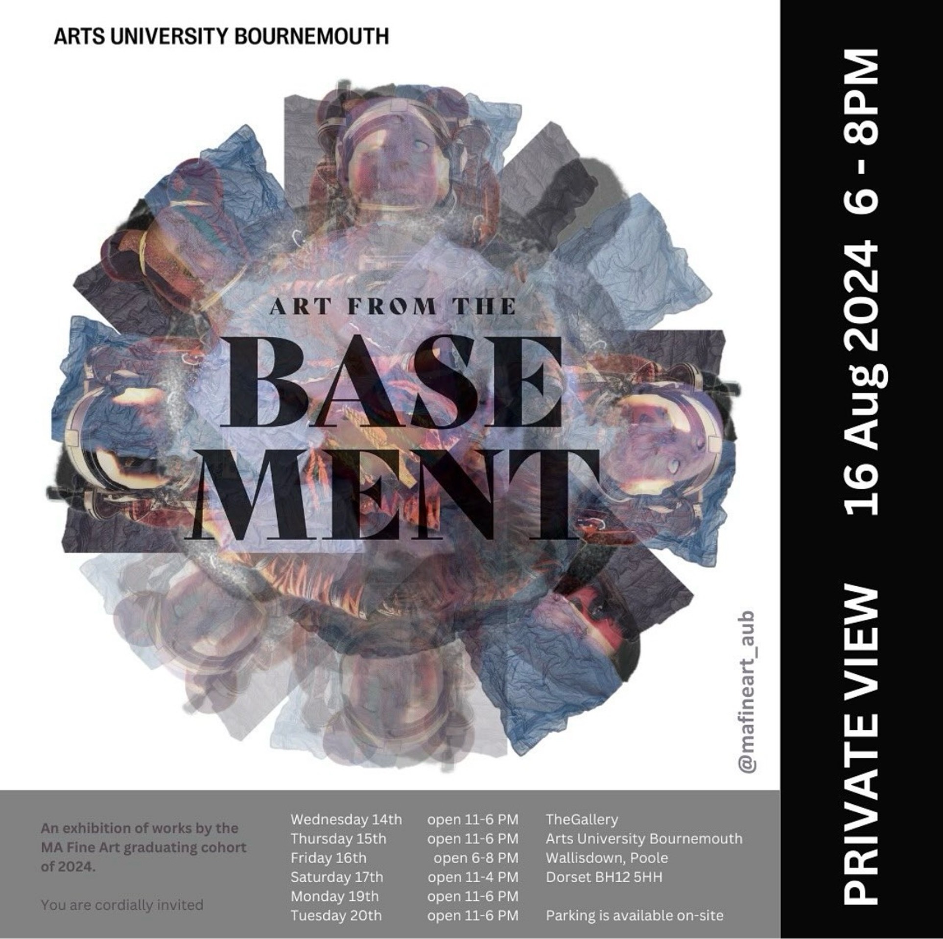 Exhibition poster with circular collage of layered blue, purple and brown fragments. Large black text reads "ART FROM THE BASEMENT" over white background.