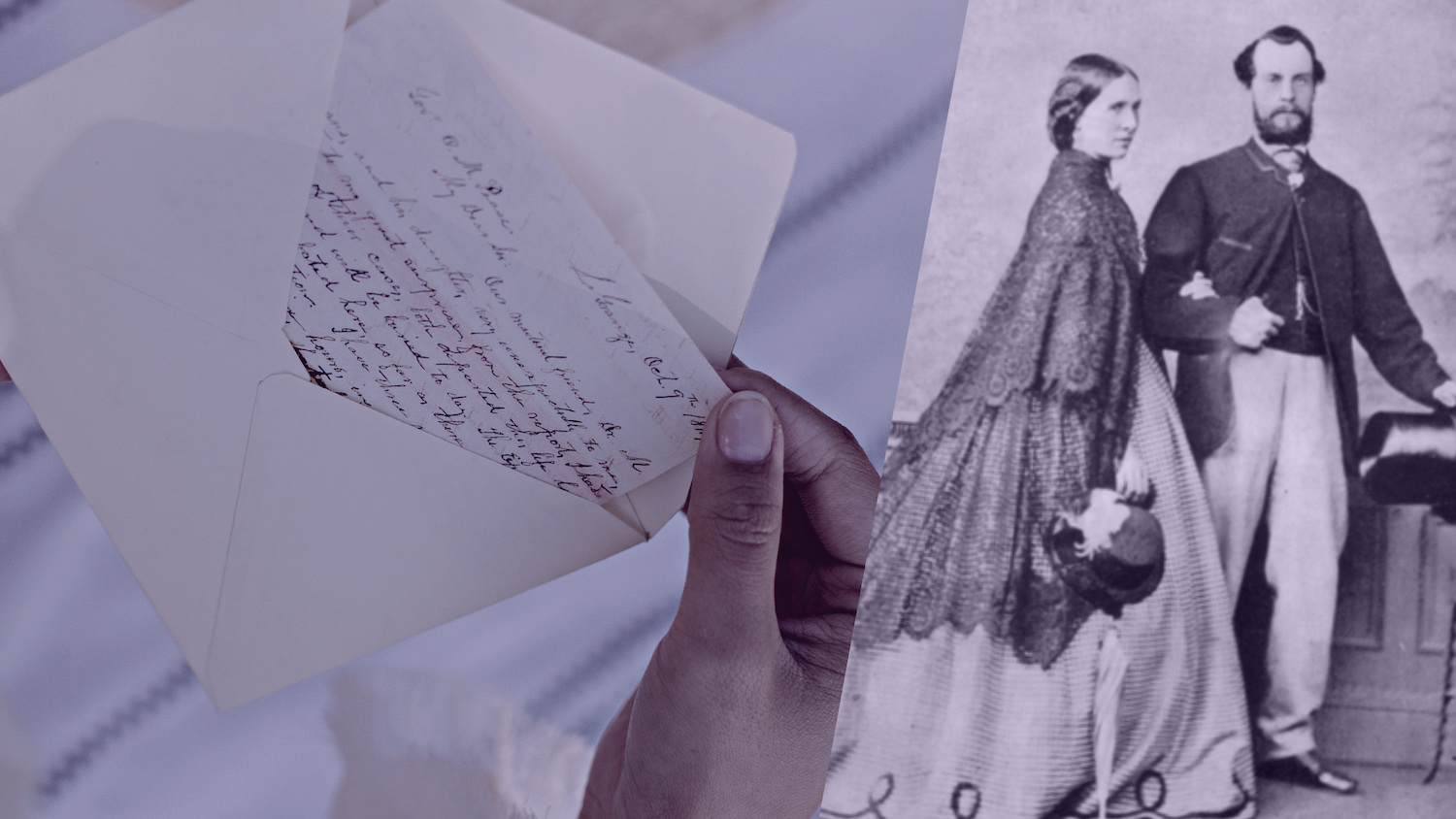 A letter being pulled out of an envelope, next to a black-and-white portrait of Sir Merton and Lady Annie Russell-Cotes
