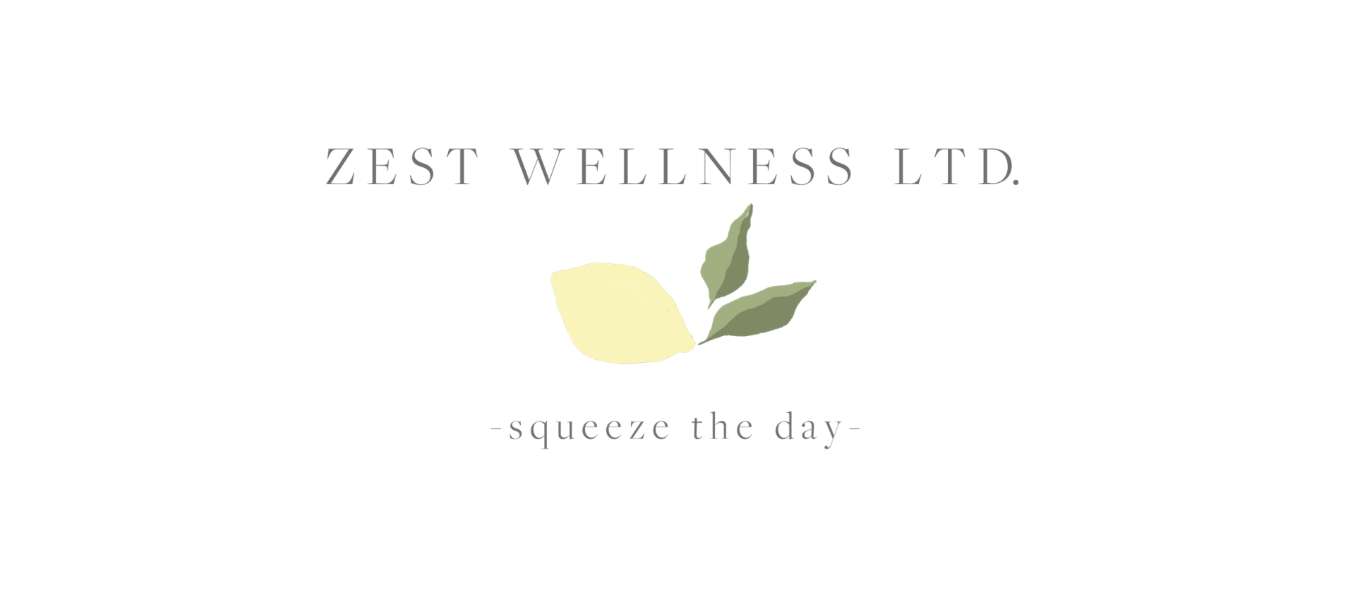 Illustration of a lemon with two leaves. Text appears above it reading, "Zest Wellness Ltd" and a slogan below reading "Squeeze the day".