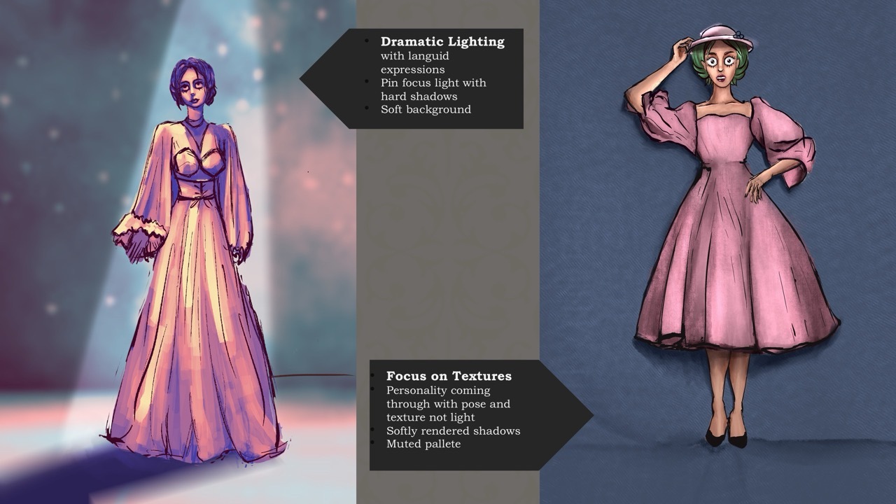 Two illustrated women in different clothing styles with text boxes describing dramatic lighting and texture techniques.