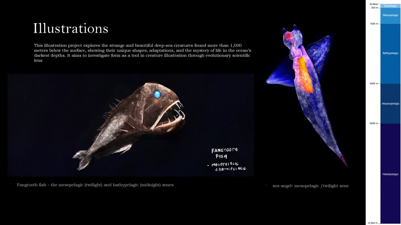 Two deep-sea fish illustrations on black background: brown angular fish with prominent teeth and blue eye on left, elongated blue and orange fish on right.