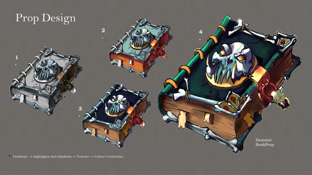 Prop design concept art showing four numbered wooden chest variations with skull motifs, progressing from simple grey to ornate green and gold.