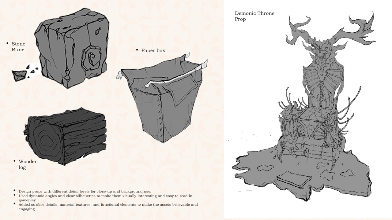 Grey illustrated objects on beige background: rocky cube, wooden logs, paper bag, ornate throne with antlers and decorative details.