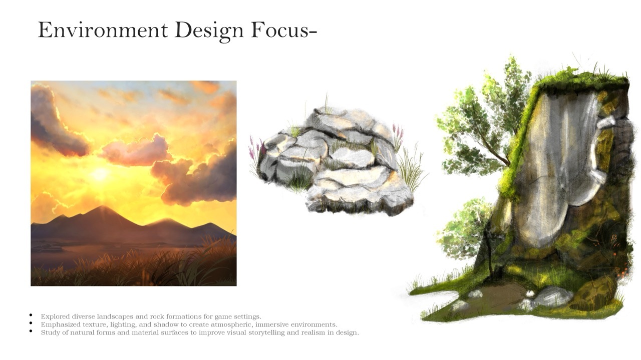 Environment design sheet showing orange sunset sky over mountains, grey rock formation with grass, and moss-covered stone archway with trees.