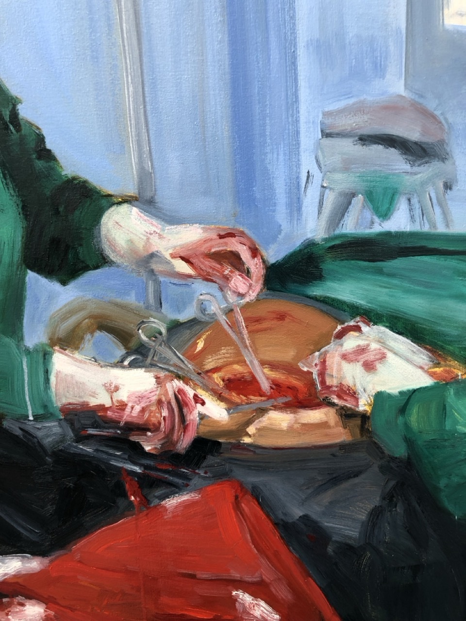 Oil painting with loose brushstrokes showing pink and red flesh-toned forms on dark surface, green fabric, blue background with vertical lines.