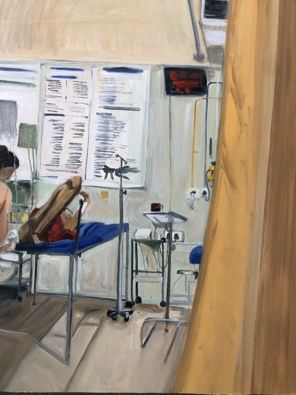 Oil painting of medical examination room with white walls, metal equipment, blue chair, papers on wall, and warm brown wooden door frame.
