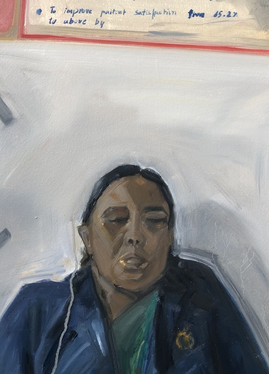 Oil painting of person with closed eyes in blue jacket and green shirt against pale grey background. Handwritten text visible at top.
