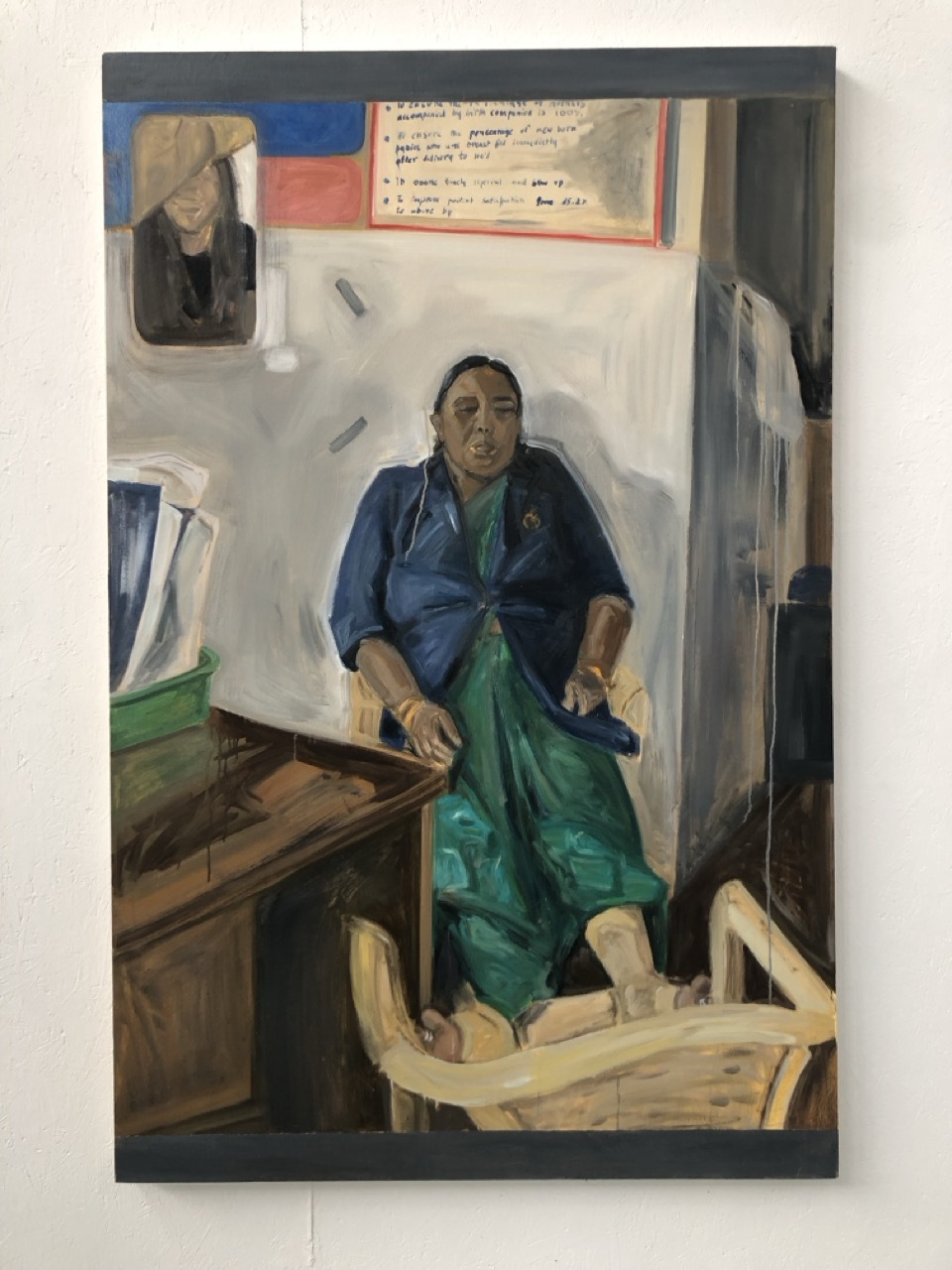Oil painting of figure in blue jacket and green dress seated in white interior with brown furniture, red and blue rectangular shapes above.