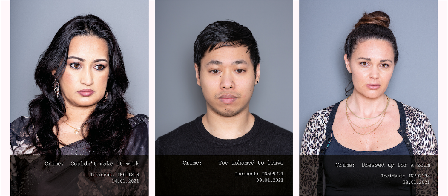 A series of three mugshot photos. Lines of text appear beneath each image.