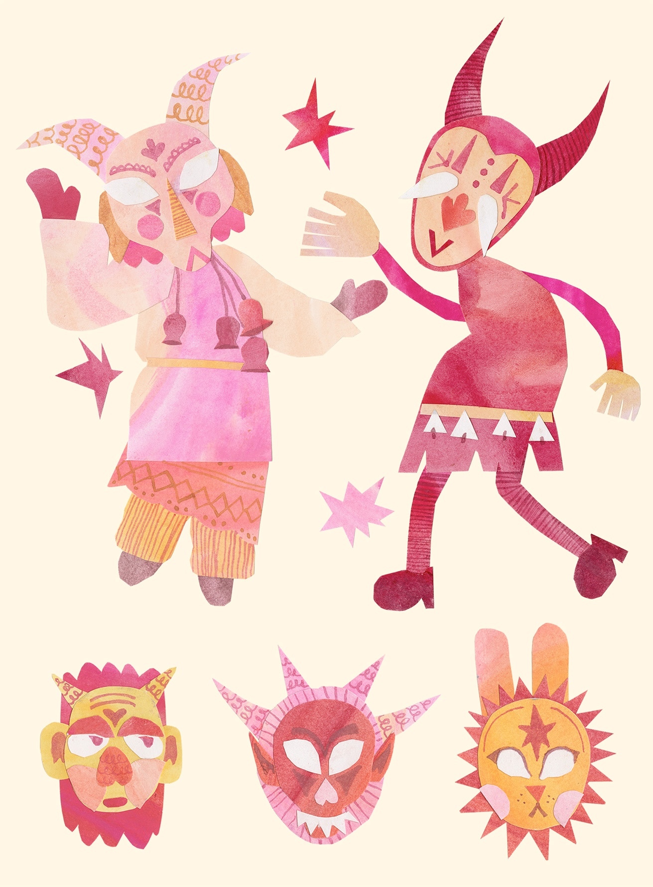 Two dancing figures in pink and red watercolour tones with horned masks, plus three decorative mask designs below in similar colours.