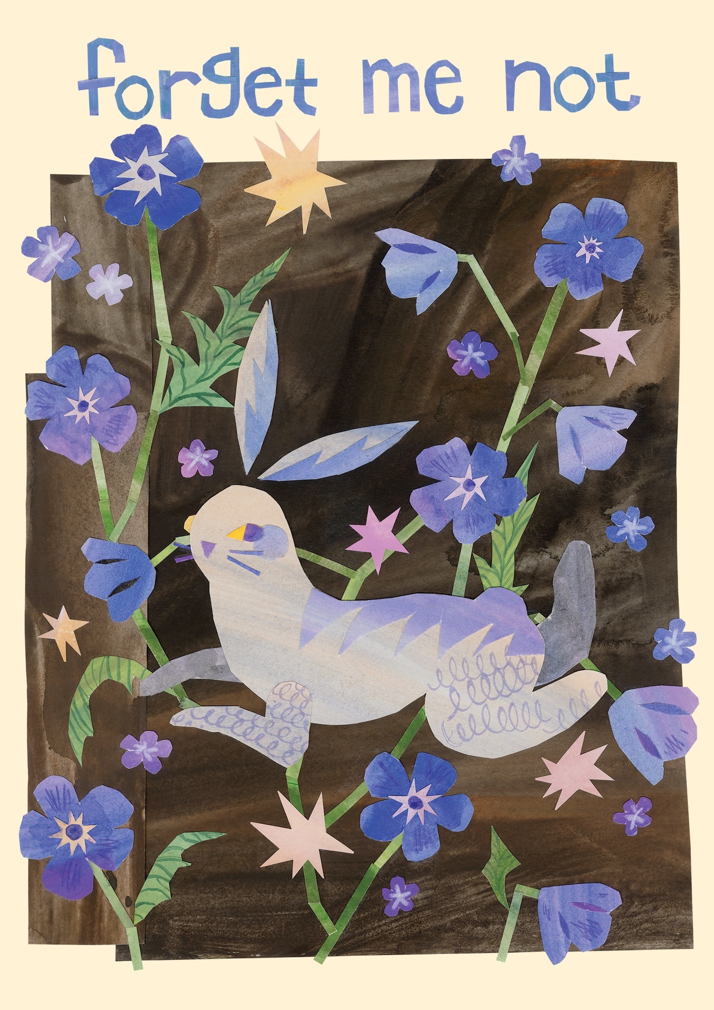 Blue text "forget me not" above illustration of white bird surrounded by blue flowers, green stems, pink stars on dark background.