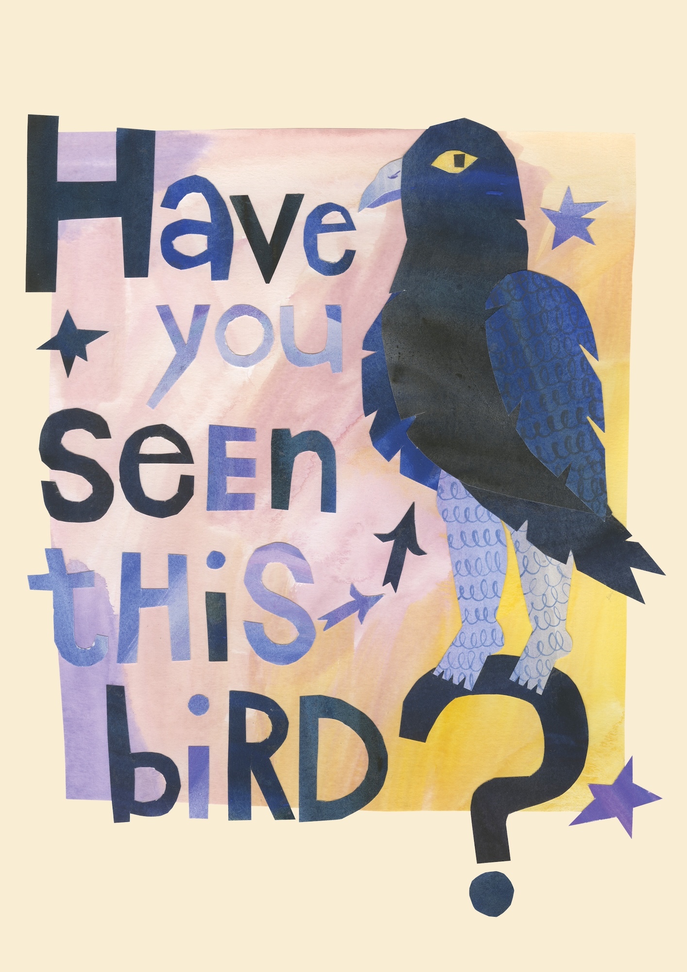 Dark blue bird with yellow eye perched on black question mark. Text reads "Have you seen this bird?" Purple and pink gradient background with scattered stars.