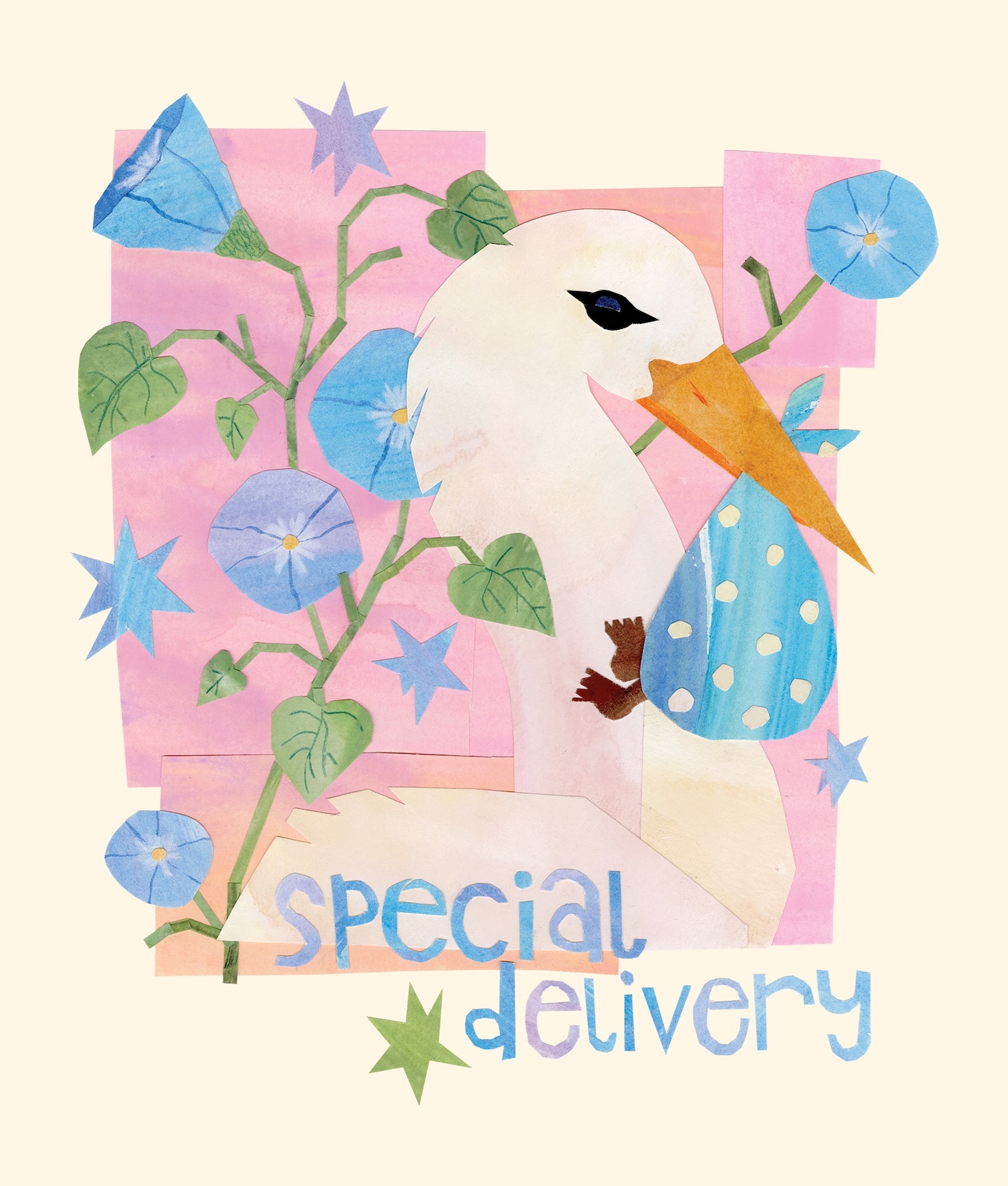 White bird with orange beak wearing blue polka-dot vest holds brown package. Blue morning glory flowers on green vine against pink rectangles. Blue stars scattered throughout. Text reads "special delivery" at bottom.