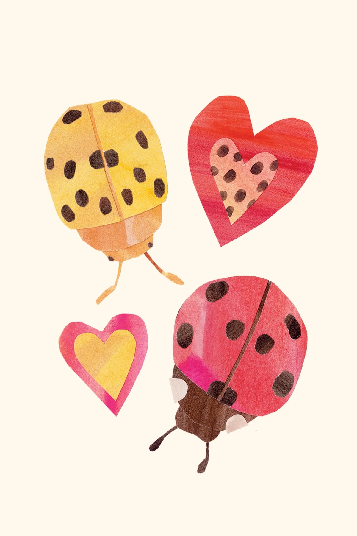 Illustration of two cartoon ladybirds with brown spots, one yellow and one red, alongside two hearts in red and pink on cream background.