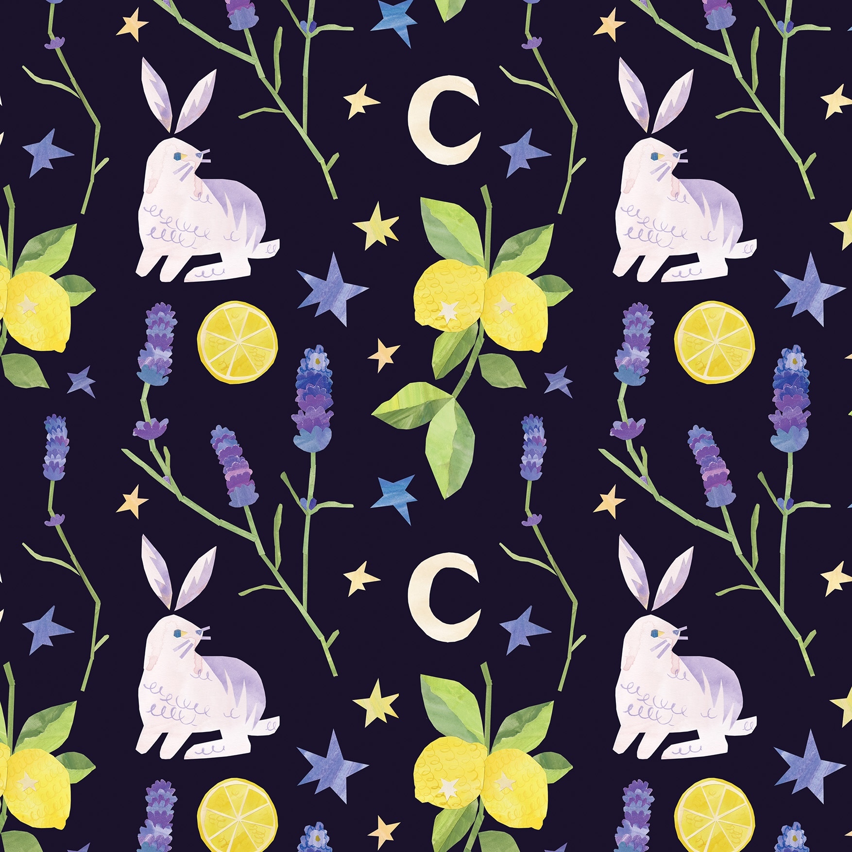 Dark blue pattern with white rabbits, yellow lemons, purple lavender stems, cream moon, blue and yellow stars on navy background.