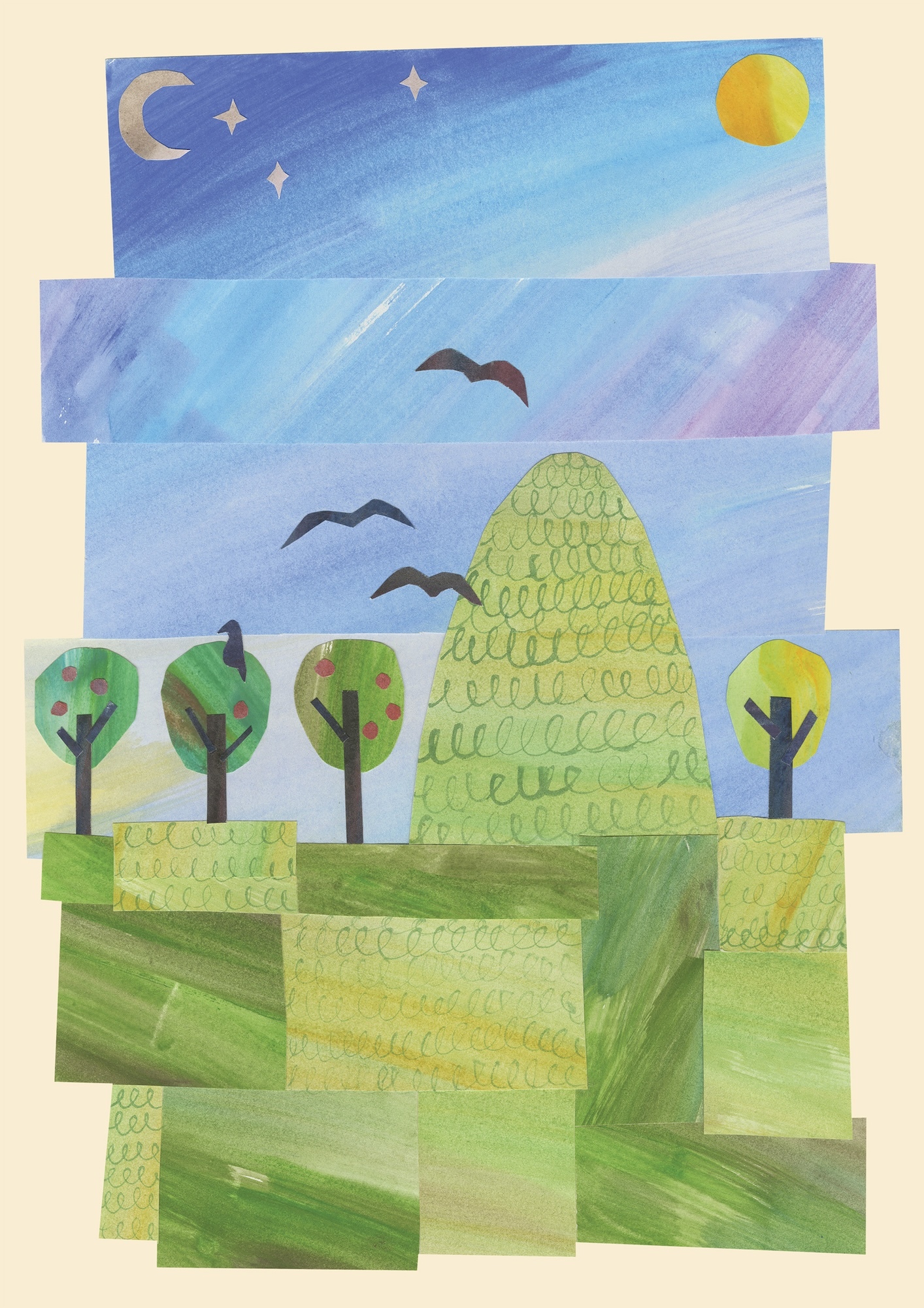 Mixed media artwork with layered rectangular sections. Blue sky with yellow sun, grey crescent moon, white stars. Dark bird silhouettes, green trees, large green cone shape, green geometric ground segments.