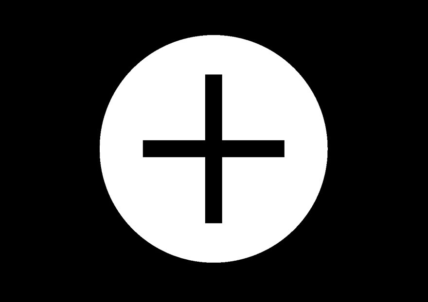 A black banner with a white circle in the centre, and a black plus sign inside it.