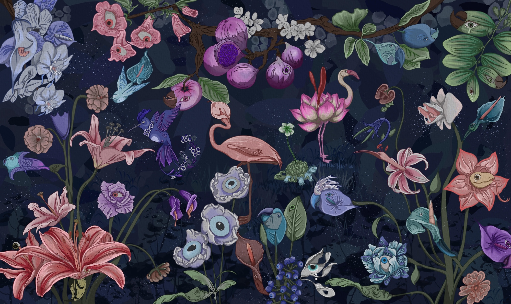 A detailed floral design featuring various flowers and plants in shades of pink, purple, and blue against a dark background. Among the blooms are illustrations of flamingos and a hummingbird, creating a vibrant and intricate composition.