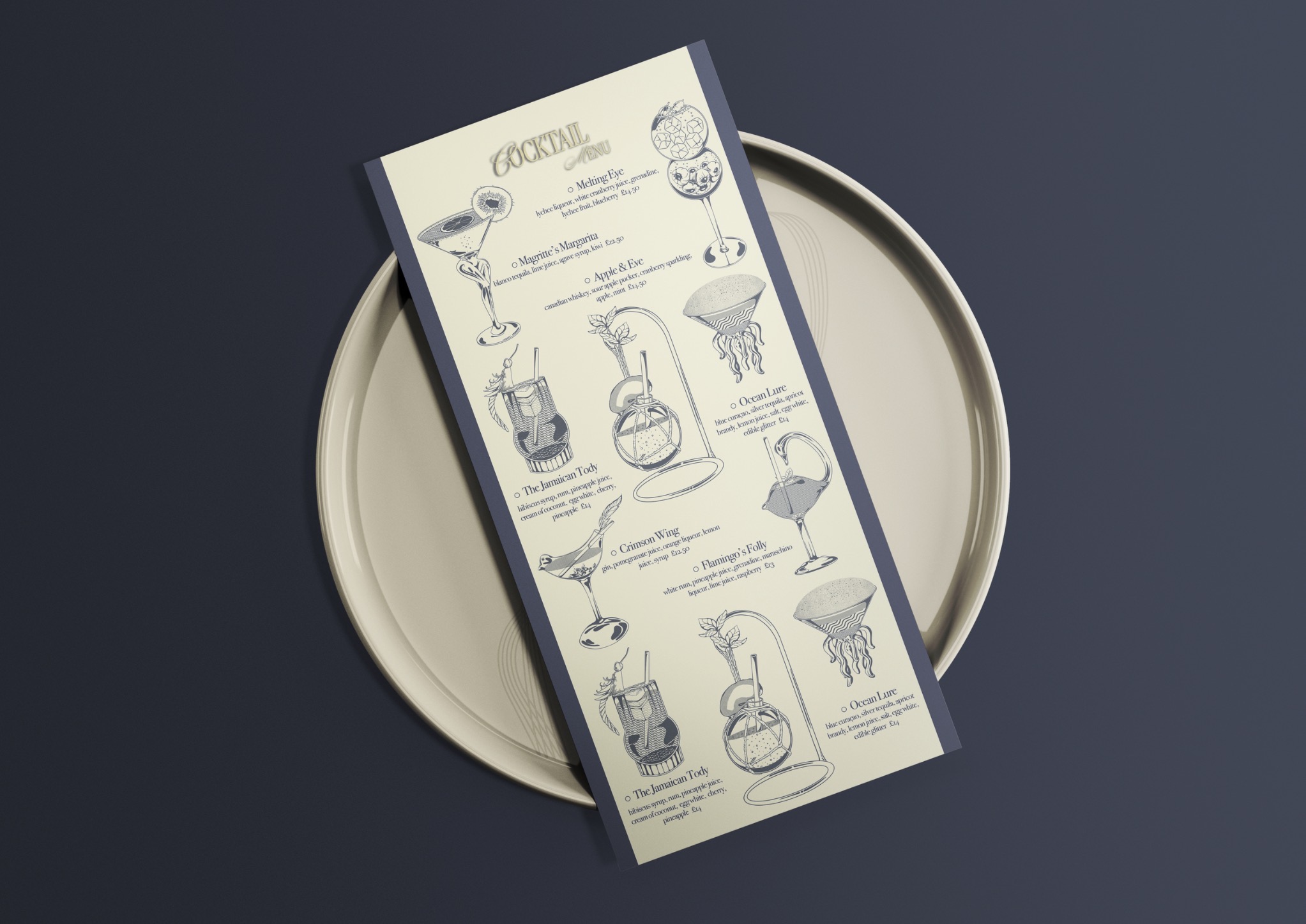 A cocktail menu featuring various illustrations of drinks and their descriptions, laid flat on a round beige serving tray. The menu displays several cocktail options with names and corresponding images, on a dark grey background.