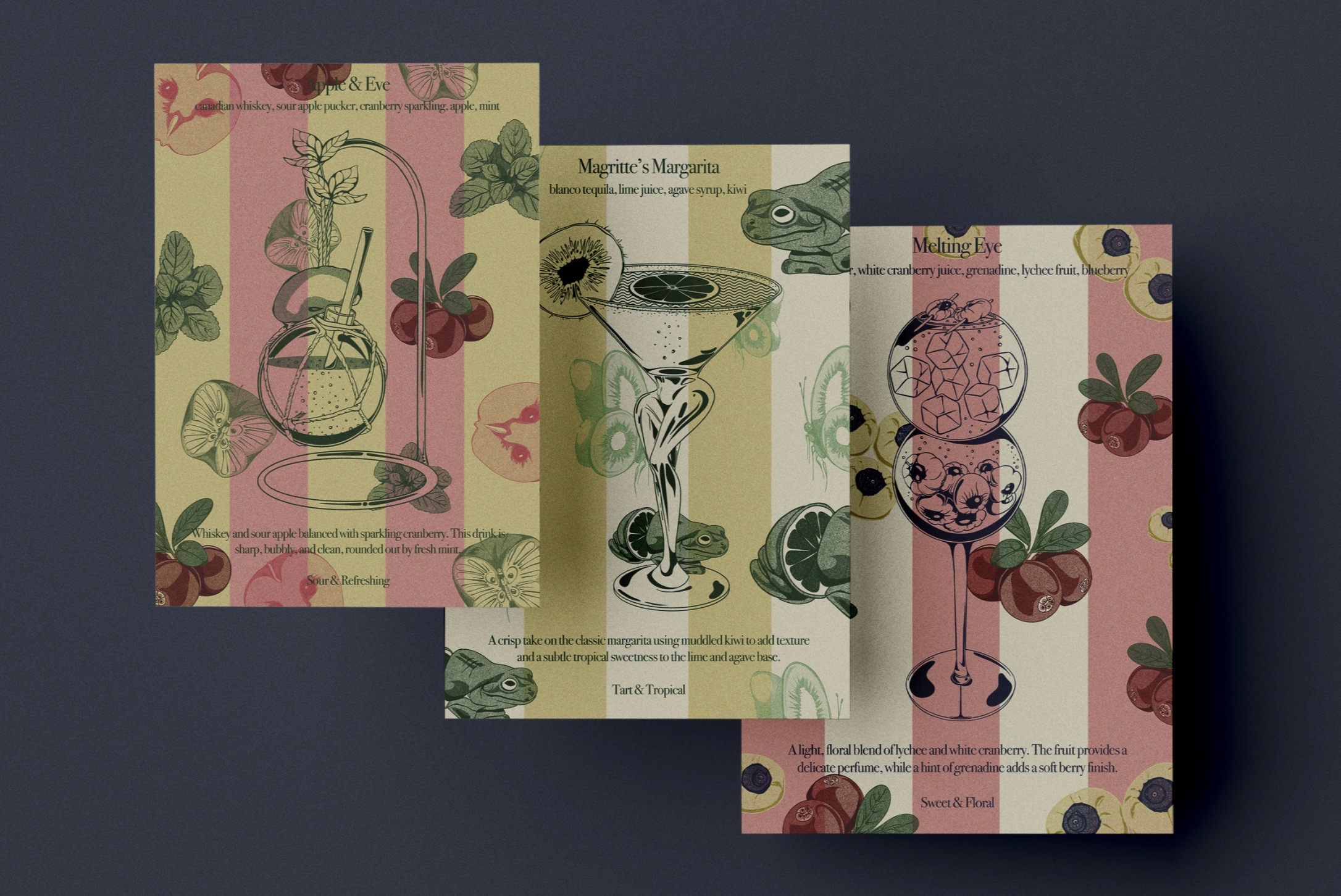 Three cocktail menu cards are displayed diagonally on a dark background. Each card features a different cocktail illustration with decorative elements, including plants and fruits, along with descriptive text about the drinks.