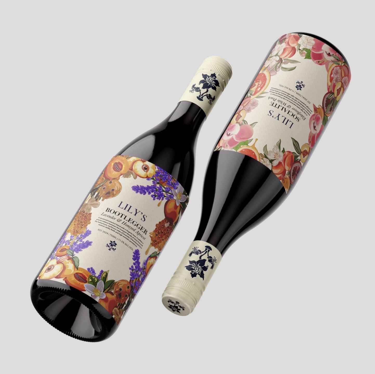 Two wine bottles featuring floral and fruit-themed labels. The left bottle, angled for visibility, displays the branding 'Lily's Mood' with a mix of blossoms and fruits in vibrant colours, while the right bottle shows the same design but in a vertical orientation.