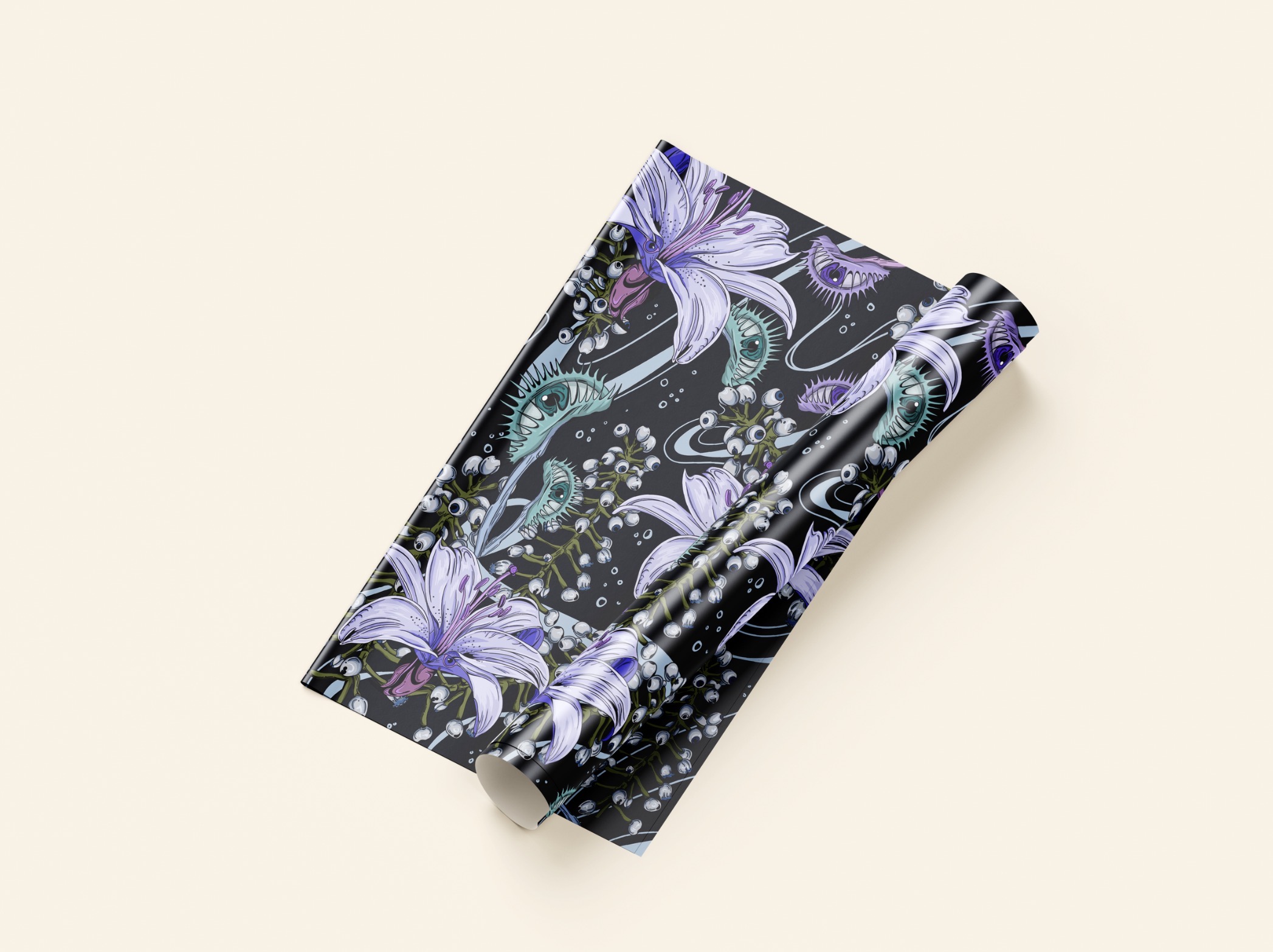 A roll of wrapping paper featuring a floral design with purple lilies and green ferns, set against a black background. The paper is partially unrolled, revealing the intricate pattern.