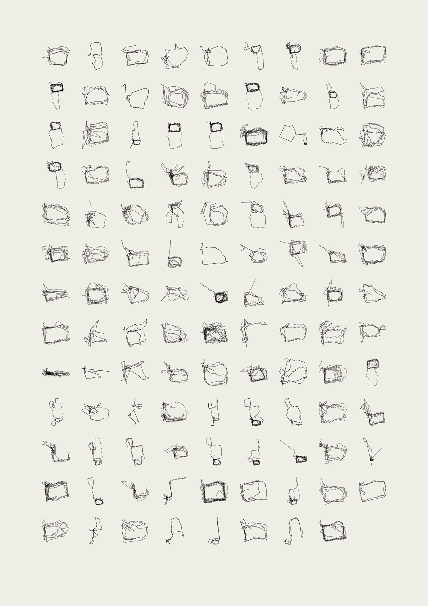 116 small abstract shapes drawn in rows going down a page.