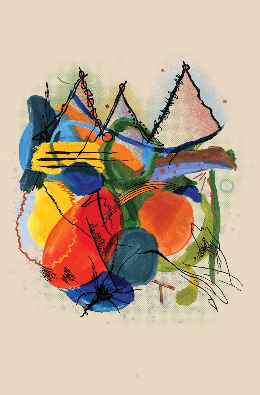 Abstract, colourful artwork inspired by Murakami.