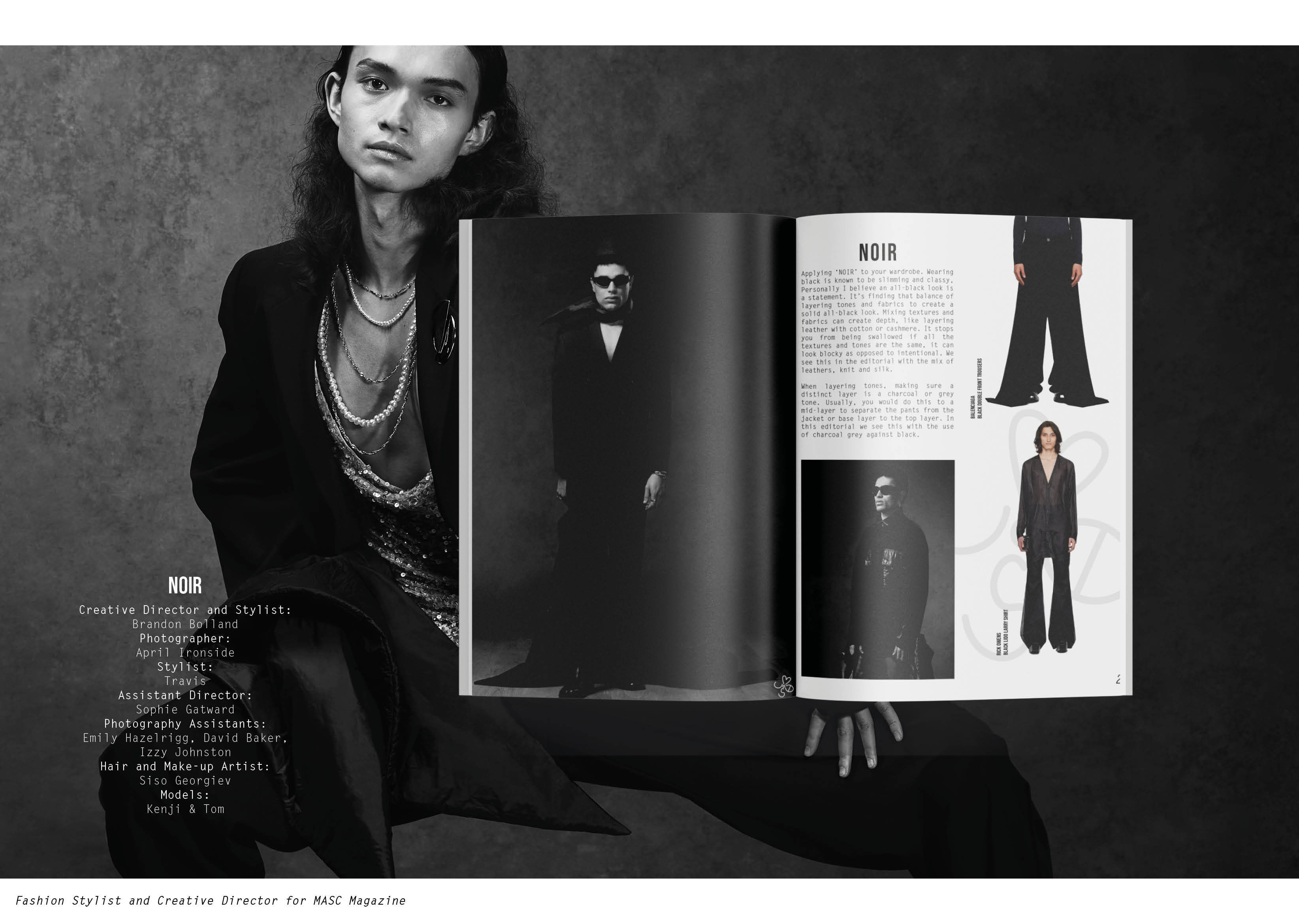 A model posing for a black and white magazine photo, with a double-page spread of MASC Magazine imposed over it.