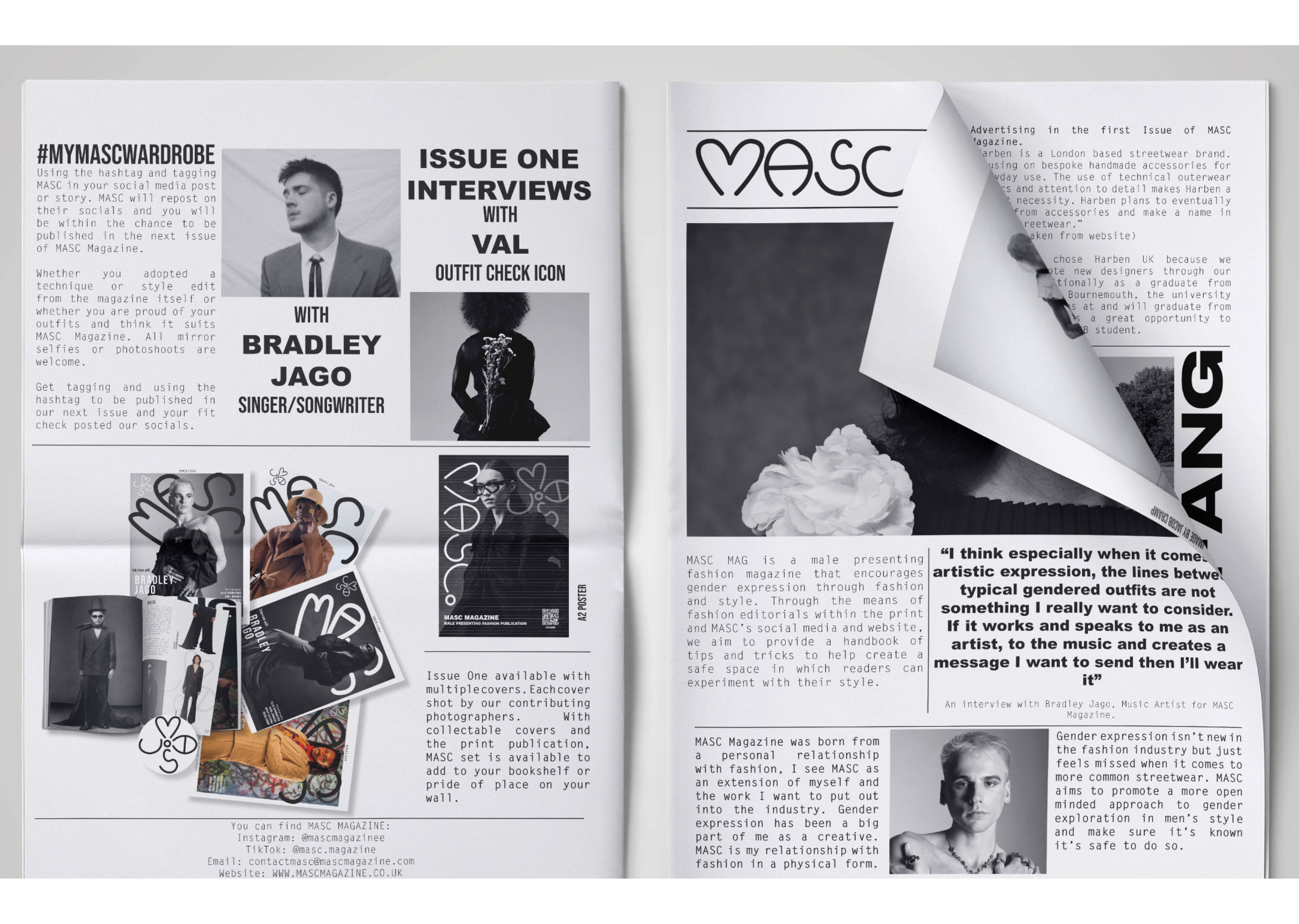 A double-page spread of MASC Magazine, with the right-hand page being turned. Left-hand page shows an interview with Bradley Jago Singer/Songwriter.