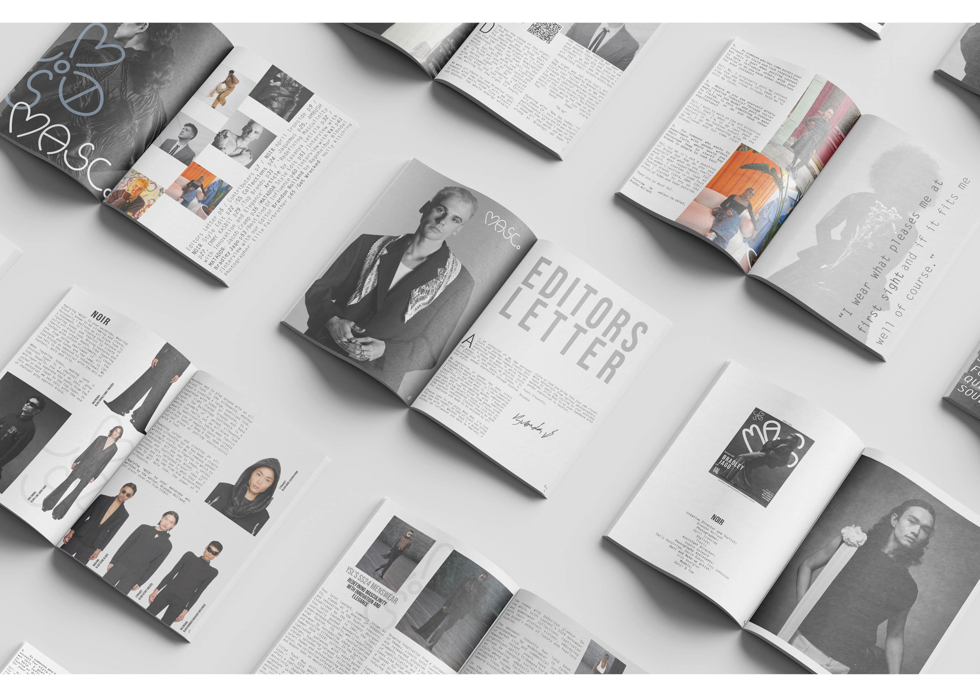 Several copies of "MASC Magazine" open to different double-page spreads.
