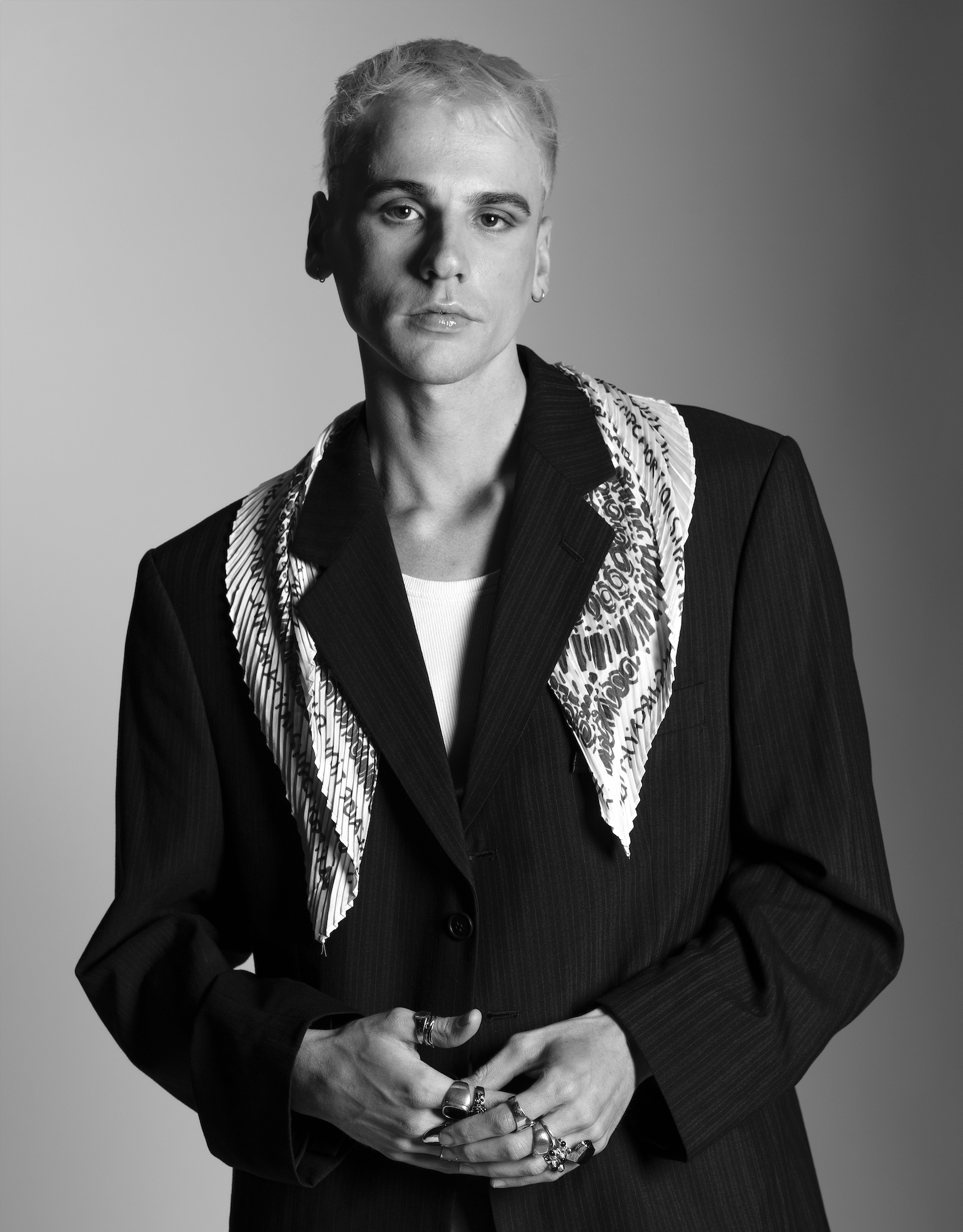 Portrait of BA (Hons) Fashion Branding and Communication student B Bolland in black and white.