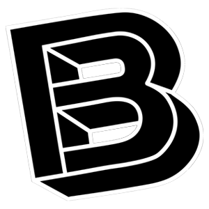 White outlined letter B with 3D bevelled effect on black background