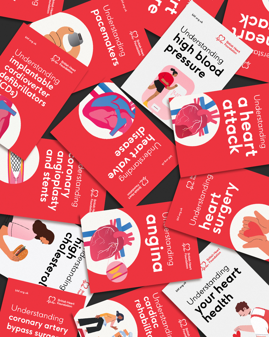 A pile of red and white health education booklets about heart disease, blood pressure, angina, heart attack and heart surgery, arranged in a layered stack.