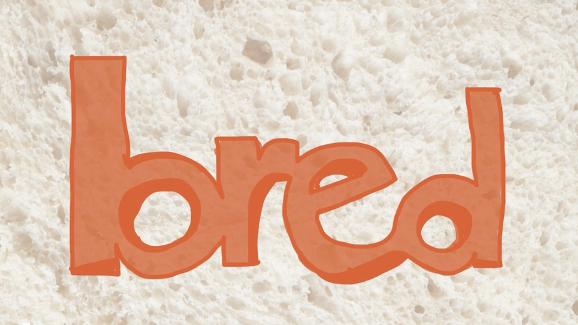 The word "bred" is depicted in a stylised orange font, positioned against a textured background resembling slices of white bread. The letters vary in thickness and design, adding visual interest to the composition.