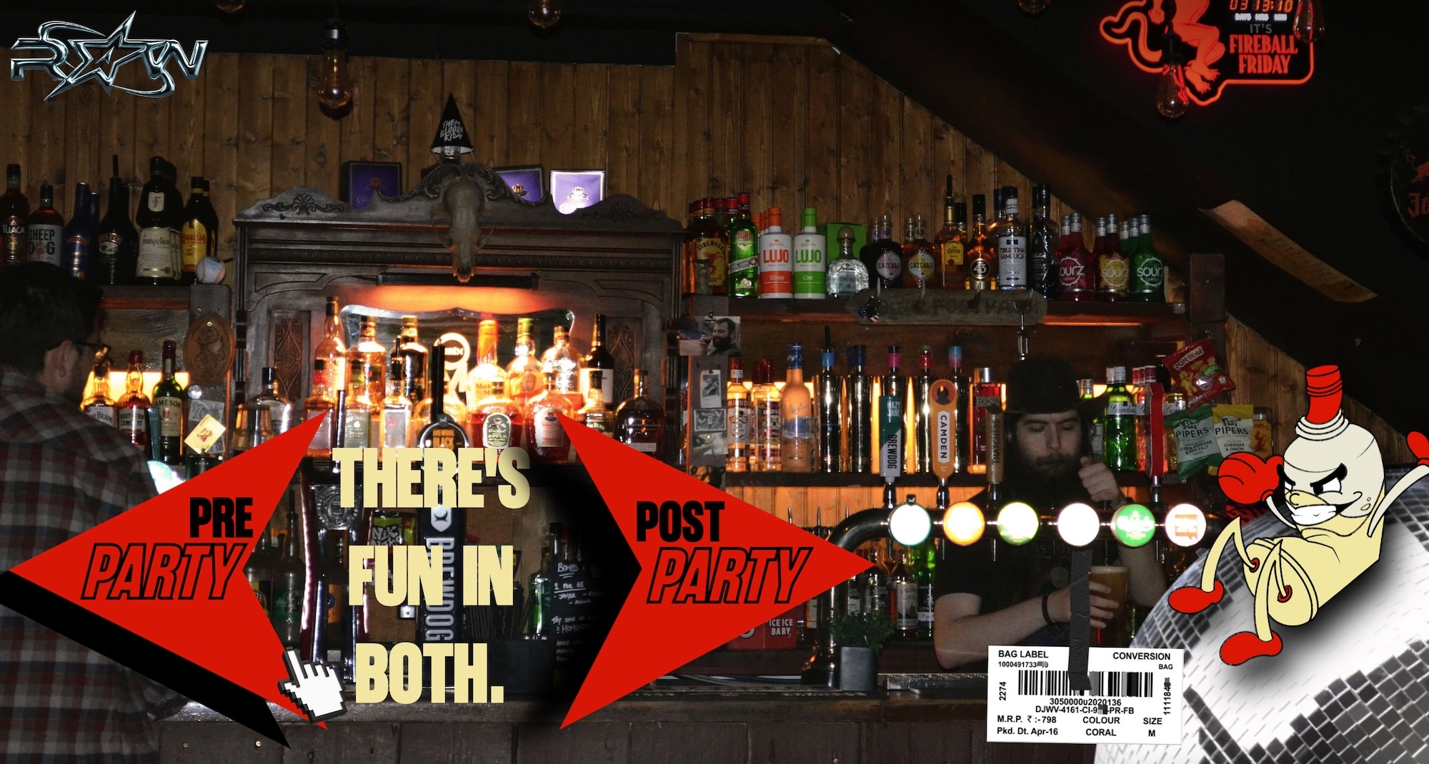 Bar interior with bottles on shelves, red arrow signs reading "THERE'S FUN IN BOTH" with "PRE PARTY" and "POST PARTY" text, cartoon character graphic.