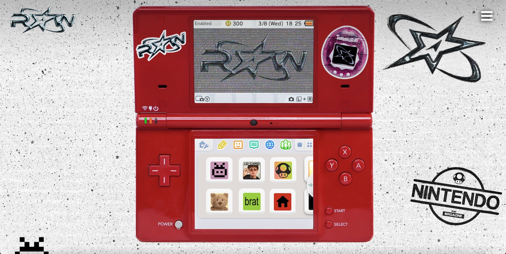 Red Nintendo DSi handheld gaming console with dual screens displaying game interface and menu icons, surrounded by gaming logos on white surface.
