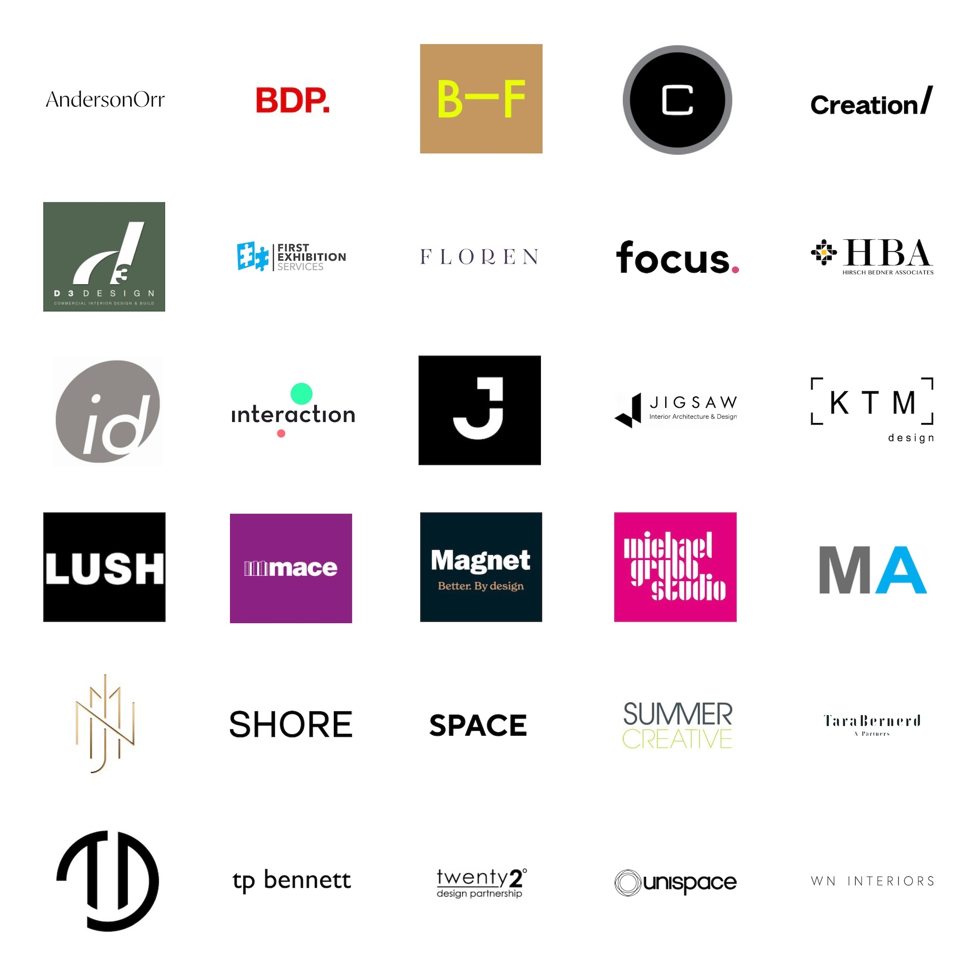 Grid of 30 logos for various companies: AndersonOrr, BDP. B–F, Creation, D3 Design, First Exhibition Services, Floren, Focus., Hirsch Bedner Associates, Interation, Jigsaw Interior Architecture and Design, KTM Design, LUSH, Mace, Magnet, Michael Grubb Studio, SHORE, Space, Summer Creative, Tara Bernerd, TP Bennett, Twenty 2 Design Partnership, Unispace, WN Interiors.
