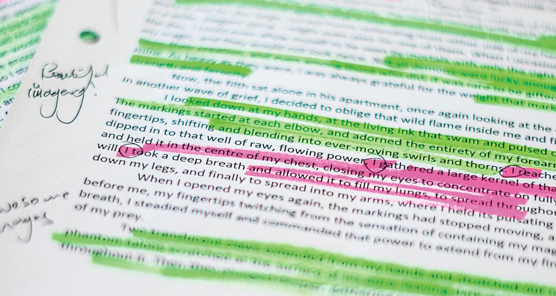 The page of a story with lines highlighted in green and pink. Handwritten notes appear in the margins.