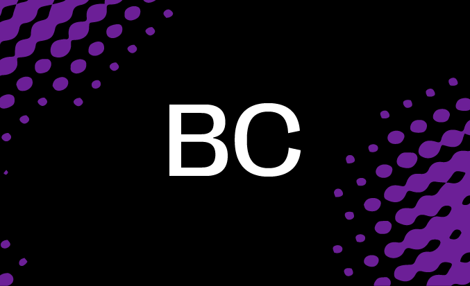 Black tile with purple pixellated accents and the initials BC in the centre.